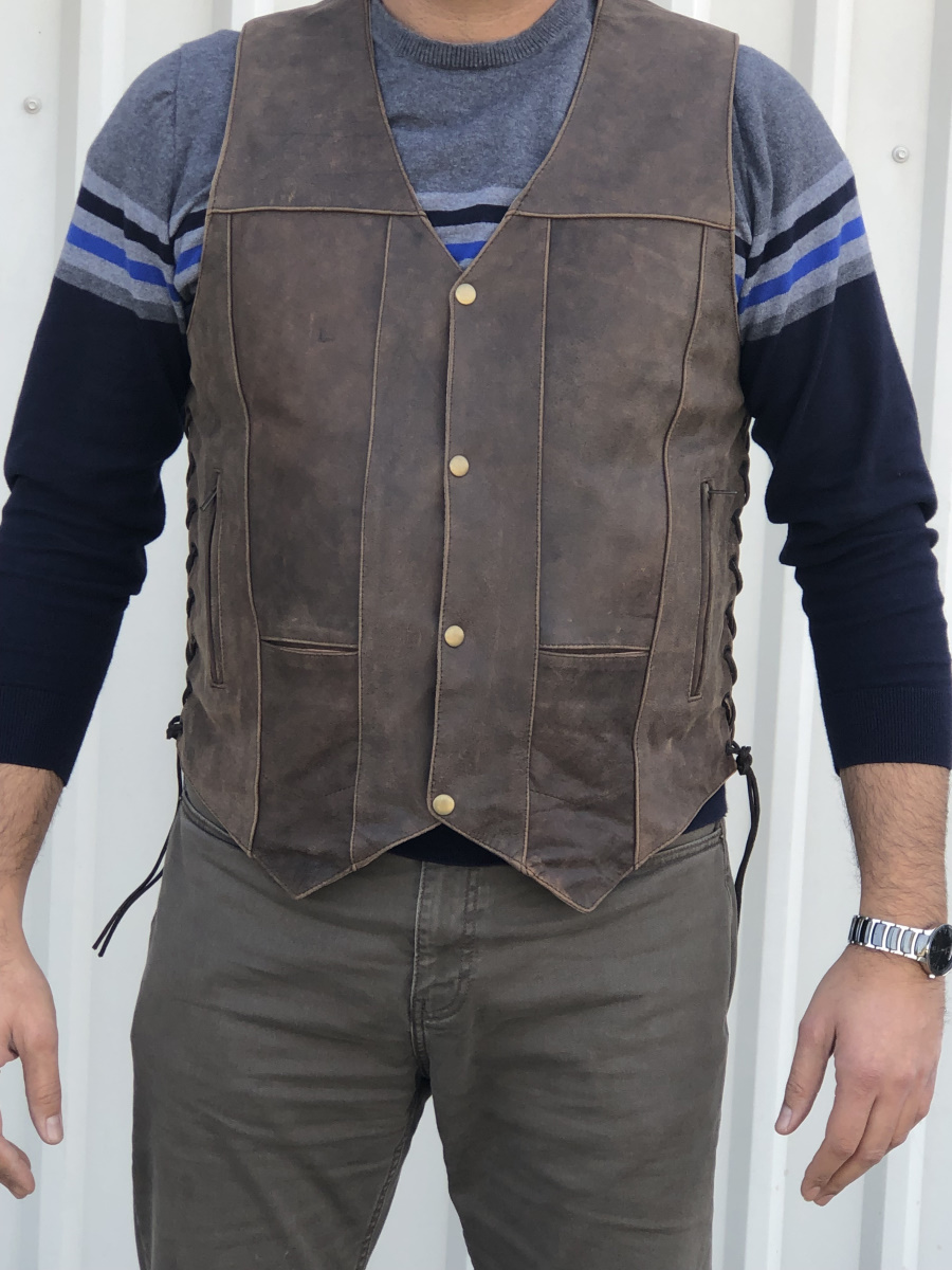 (image for) Men's Rustic Brown Buffalo Leather 10 Pocket Vest with Side Laces